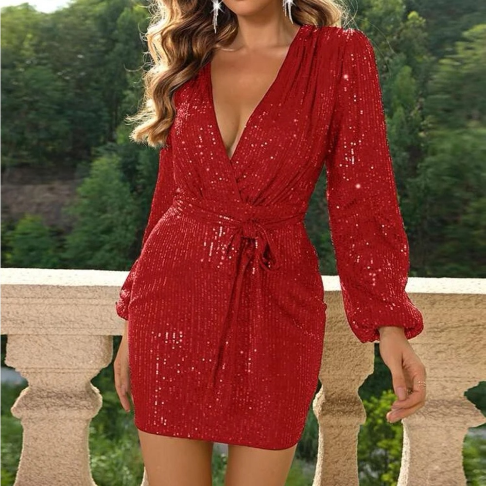 Luxe lantern sleeve V neck belted party formal prom bodycon dress - Picture 8 of 16